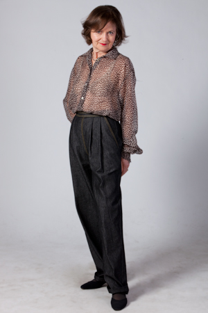 Angela Kane wearing her great pleat trouser pattern - download this pattern