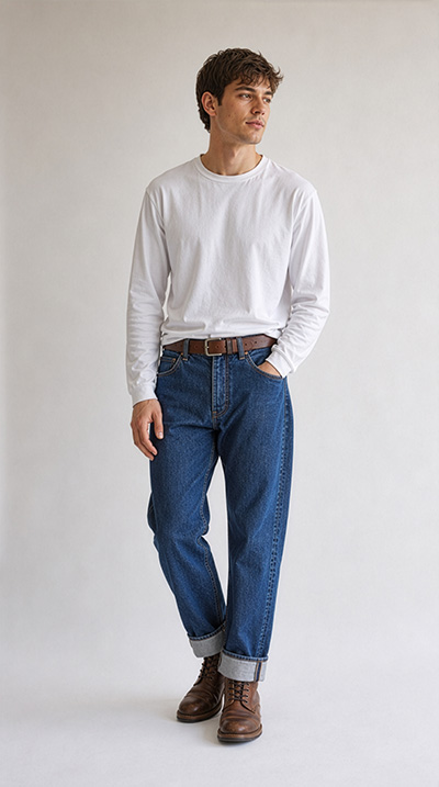 An Angela Kane PDF sewing pattern - the M983 Selvede Jeans Sewing Pattern made up in sand denim. The image and link to the Jeans Pattern Page