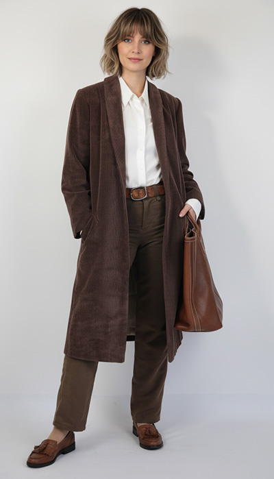 Sewing pattern image. Shawl Collar Coat in brown corduroy by Angela Kane