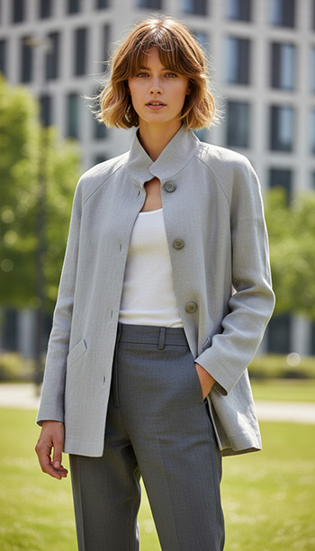 An Angela Kane PDF sewing pattern - The 682 Raglan Sleeve Jacket with Storm Collar - shown here modelled and made up in dark blue denim