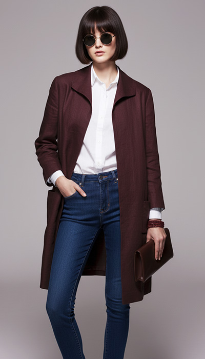 fashion photo of the Roll Collar Coat sewing pattern made up in tan linen worn with Angela Kane jeans