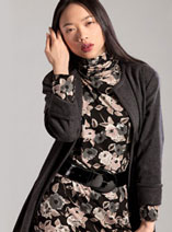 Photo of PDF Sewing Pattern Jersey Knit Polo Neck Jersey Dress 729 worn with the Soft Tailored Jacket Sewing Pattern 615