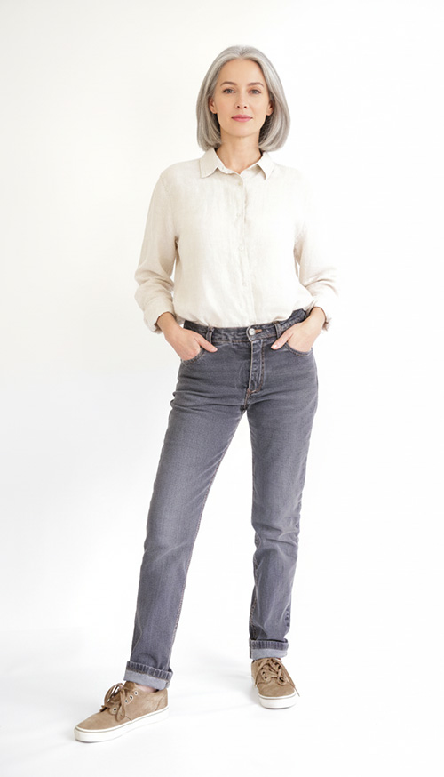 Model wearing Jeans made up in black denim from the 948 Jeans PDF sewing pattern