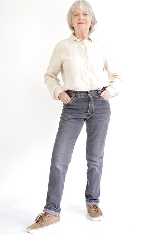 Model wearing Jeans made up in black denim from the 948 Jeans PDF sewing pattern