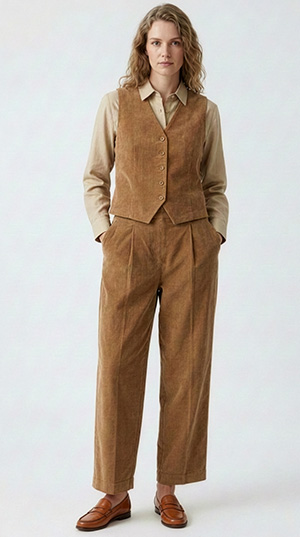 Model wearing two of my PDF Sewing Patterns made up in corduroy. The 966 Easy Fit Casual Trousers and the 801 Waistcoat Style Top